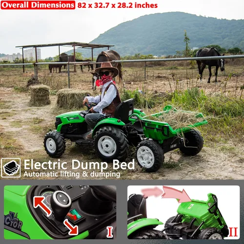 Miniatura 3 de sopbost Tractor de Juguete de 24V 10Ah para Niños Grandes 6+ 2WD con Remolque Eléctrico, Control Remoto, Ruedas EVA Extra Grandes, Capacidad de Verde