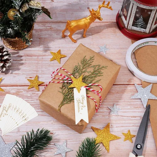 Miniatura 5 de Cholemy Juego de papel de regalo de Navidad de 15.7 pulgadas x 65.6 pies con ramas de pino natural, papel de estraza de algodón, calcomanías