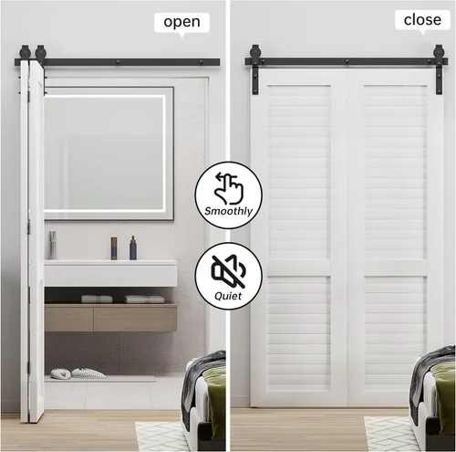 Miniatura 4 de Kit de herrajes para puerta de granero plegable deslizante BONIKLUBA de 48", suave y silencioso, rodillo negro montado lateralmente, fácil