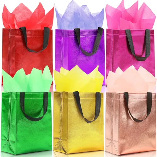 Miniatura 18 de KeerxunBag 12 piezas de bolsas de regalo reutilizables (incluye papel de seda) Bolsa de regalo con asa para cumpleaños, fiestas, días festivos