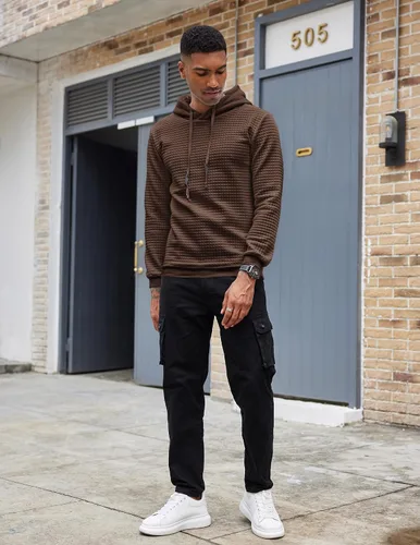 Miniatura 4 de COOFANDY - Sudadera con capucha para hombre, casual, de manga larga, con cordón ajustable y punto gofre
