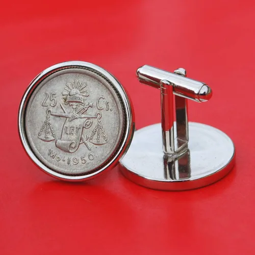 Miniatura 2 de Mexico 1950 25 Centavos 30% Silver Coins Eagle Snake Scale Liberty Cap Cufflinks NEW