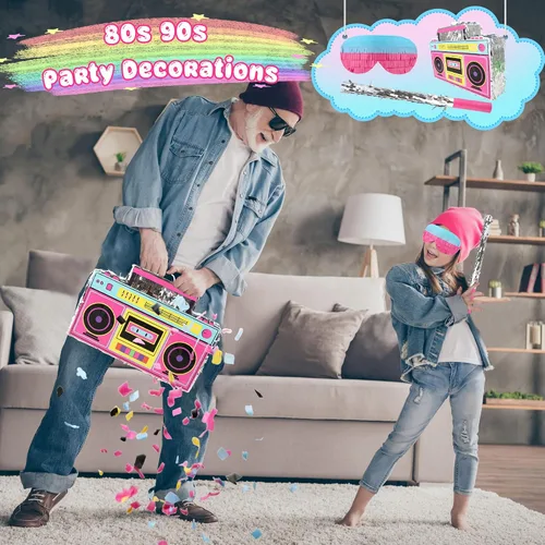 Miniatura 5 de El juego de radio Boombox de los años 80 y 90 incluye boombox para piñata y palo de murciélago, confeti de colores para adultos y niños, 80 y 90