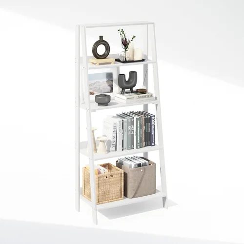 Miniatura 3 de Estantería de escalera Furinno, estantería de escalera de 5 niveles, estantería de libros en forma de escalera, estantes de exhibición y Blanco