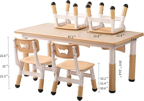 Miniatura 7 de Juego de mesa y sillas para niños, escritorio ajustable en altura con 6 asientos para edades de 3 a 12 años, mesa de arte y manualidades, escritorio
