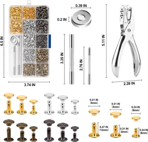 Miniatura 2 de 480 juegos de remaches para cuero, kit de remaches de cuero de 4 colores y 3 tamaños, remache de doble tapa con 4 herramientas de ajuste, adecuado