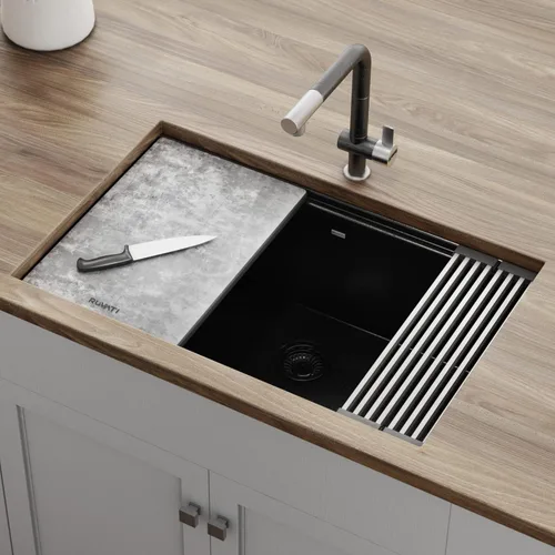 Miniatura 2 de Ruvati Fregadero de cocina de cuarzo compuesto de granito de 30 pulgadas con estación de trabajo, montaje por debajo y acabado negro mate - RVG2310BK