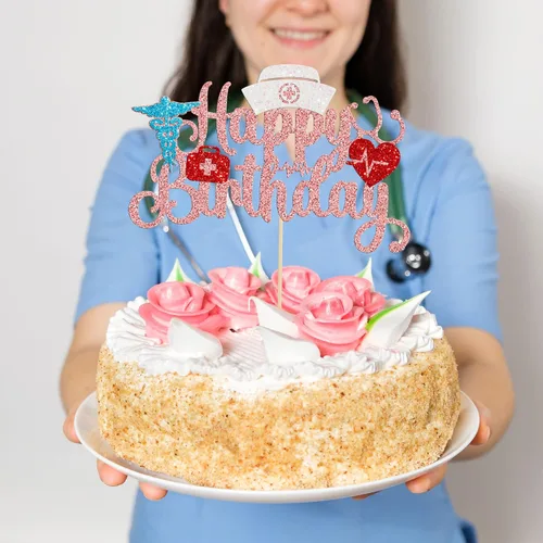 Miniatura 5 de Gyufise Decoración para pastel de enfermería con purpurina para enfermera, feliz cumpleaños, selección de pastel médico, decoración de pasteles