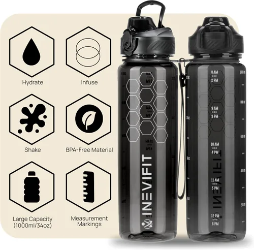 Miniatura 6 de INEVIFIT Botella de agua deportiva 3 en 1 de 34 onzas, 1 litro, con marcador de tiempo diario, sin BPA, Tritan a prueba de fugas, con filtro infusor