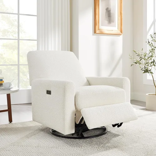 VANOMi Silla reclinable giratoria eléctrica, silla reclinable mecedora eléctrica para cuarto de bebé, cargador USB y tipo C, color blanco