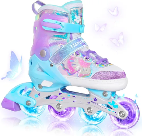 MammyGol Patines en línea para niñas y niños, 4 tamaños ajustables, patines de mariposa con ruedas intermitentes de colores vibrantes, patines para