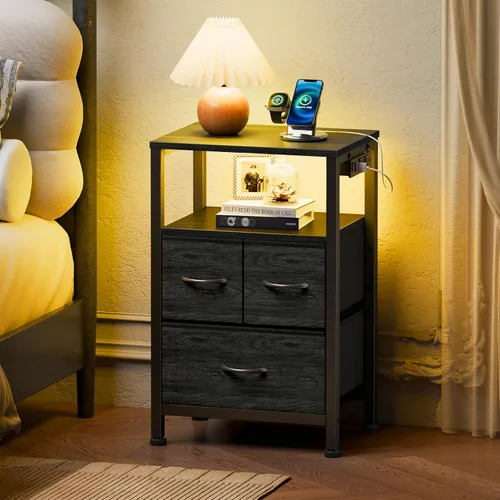 Miniatura 2 de Furnulem Mesita de noche negra con estante de madera, mesa auxiliar con luz LED y estación de carga, mesita de 25.8 pulgadas con 3 cajones