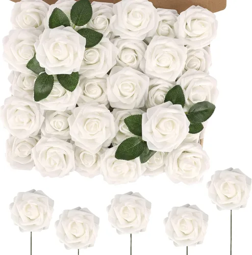 Miniatura 31 de MACTING 30 Rosas Artificiales Blancas Flores Falsas con Tallo Rosas de Espuma de Tacto Real para DIY Arreglos de Ramo de Boda Centros de Mesa White-1