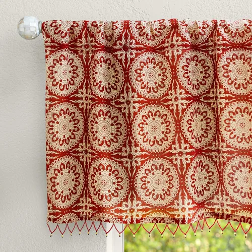 Miniatura 30 de Saffron Marigold Cortina de cenefa impresa a mano con ribete de cuentas, principal de verano indio naranja, perfecta para cocina, dormitorio, baño