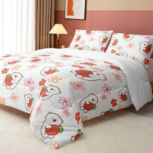 Miniatura 31 de Juego de ropa de cama Kawaii de fresa para niñas, juego de ropa de cama con patrón de cuadrícula rosa con 1 edredón y 2 fundas de almohada