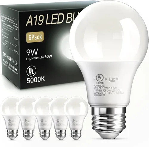 Miniatura 9 de TJOY Bombillas LED A19, foco LED equivalente a 60 vatios, luz blanca cálida suave 2700K, eficiente 9W, casquillo E26 estándar, foco de ahorro