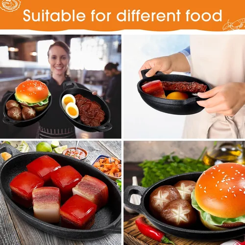 Miniatura 4 de Mifoci Paquete de 8 mini fajitas de hierro fundido, 7.1 x 4.7 pulgadas, sartén ovalada para carne, juego de moldes pequeños, cacerola negra
