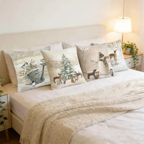 Miniatura 4 de Funda de Almohada Decorativa de Animales Navideños - 18 x 18 Pulgadas Funda de Almohada de Mascota Muñeco de Nieve Jarrón Ciervo Perro Conejo Pájaro