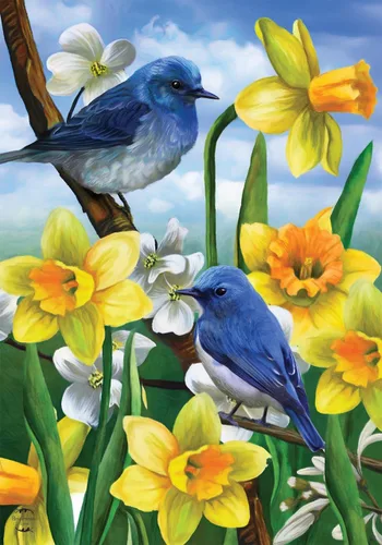 Bandera de jardín de primavera de pájaros azules y narcisos, floral, 12.5 x 18 pulgadas Briarwood Lane