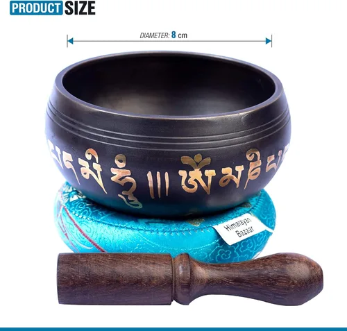 Miniatura 8 de Juego de cuencos tibetanos de latón, grado curativo maestro, auténtico cuenco de sonido hecho a mano por Himalayan Bazaar Negro
