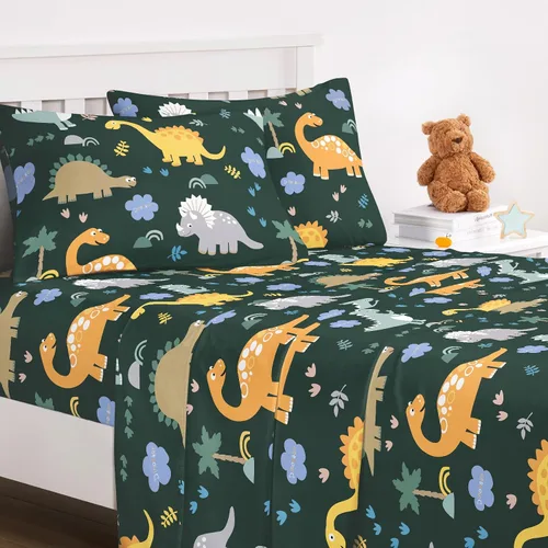 Miniatura 3 de Wake In Cloud - Sábanas de dinosaurio para niños, 100% algodón, juego de sábanas de 4 piezas para niños, ropa de cama estampada con patrón de hojas