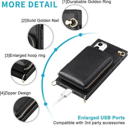 Miniatura 4 de Funda para iPhone 11 con cremallera de cuero con ranuras para tarjetas, funda protectora para teléfono con cordón para mujeres y niñas, a prueba