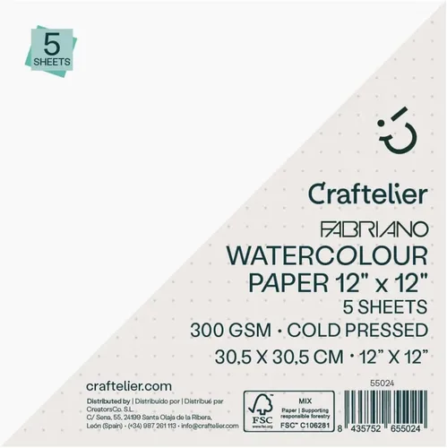 Craftelier Paquete de 5 hojas de acuarela, papel prensado en frío FSC, calidad premium 300 GSM, tamaño 12 x 12 pulgadas (12.0 x 12.0 in), ideal para