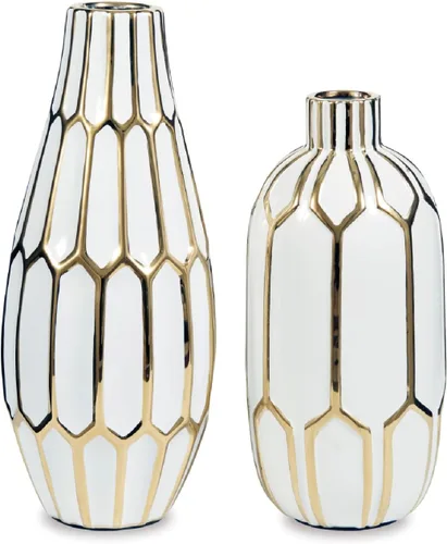 Signature Design by Ashley Mohsen - Juego de 2 jarrones de cerámica con cuello de botella de panal de abeja, color blanco y dorado