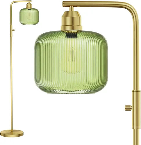 Miniatura 10 de Lámpara de pie de cristal para sala de estar, moderna lámpara de pie con pantalla de vidrio acanalado verde e interruptor de pedal, lámpara de pie