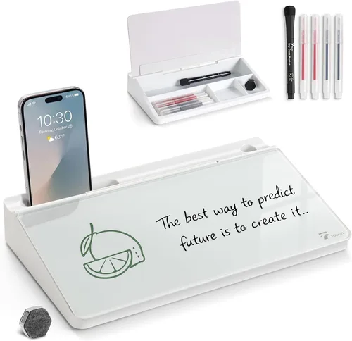 Miniatura 23 de TOWON Pizarra blanca pequeña y compacta de vidrio con almacenamiento, pizarra de borrado en seco de 12 x 7 pulgadas para escritorio, oficina