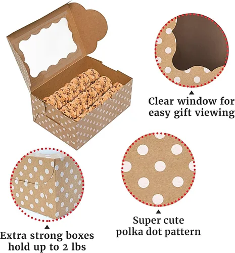 Miniatura 4 de Cajas de Galletas de Lunares - Paquete de 12 - Marrón con Lunares Blancos Caja de Regalo de Panadería con Ventana - para Pasteles, Cupcakes, Fresas