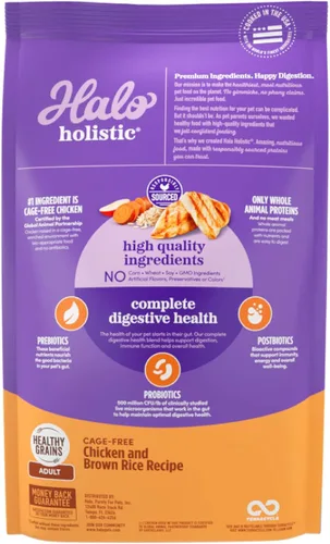 Miniatura 2 de Halo Holistic - Comida para perros con fórmula de pollo y arroz integral sin jaula de cereales saludables, salud digestiva completa, croquetas