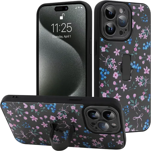 Miniatura 6 de Funda diseñada para iPhone 17 Pro Max con soporte plegable y correa para dedos, bonito patrón de lazo de corazón de flor rosa para mujeres y niñas
