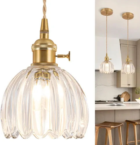 Miniatura 34 de Luces Colgantes para Isla de Cocina, Luz Colgante de Cristal Verde Accesorios de Iluminación Vintage, 9.4 pulgadas E26 Acabado Lámpara Colgante
