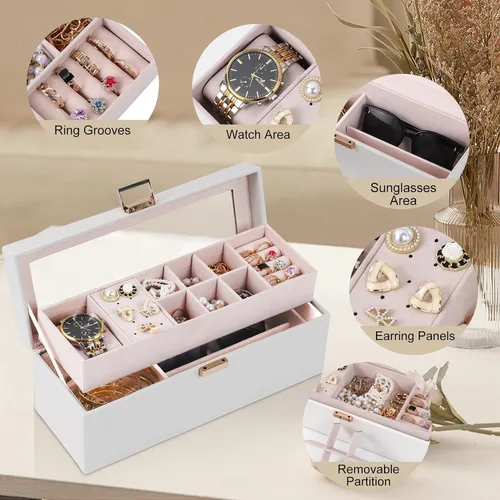 Miniatura 4 de Dajasan Cajas de joyería para mujeres y niñas, caja organizadora de joyas, caja organizadora de joyas de 2 capas con tapa transparente, organizador