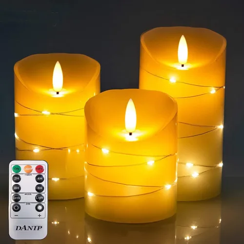Miniatura 6 de DANIP - Vela LED verde sin llama con cuerda de estrella integrada, juego de 3 velas LED, con control remoto de 11 botones, función de temporizador