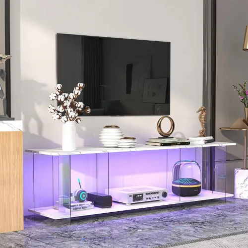 Miniatura 8 de Soporte de TV LED, mueble de consola de madera con patrón de mármol de imitación de escritorio y luces LED, centro de entretenimiento moderno
