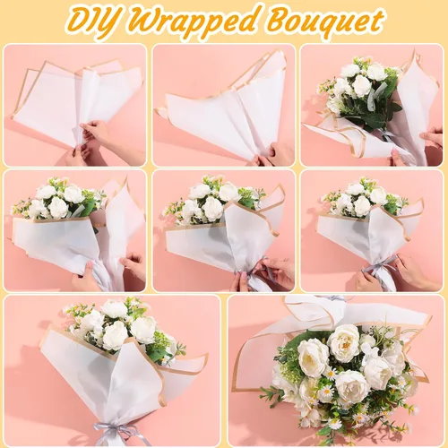 Miniatura 3 de Yahenda 420 hojas de papel de regalo de flores: papel de ramo de flores de 23 x 23 pulgadas con borde dorado, estilo coreano, para boda, despedida