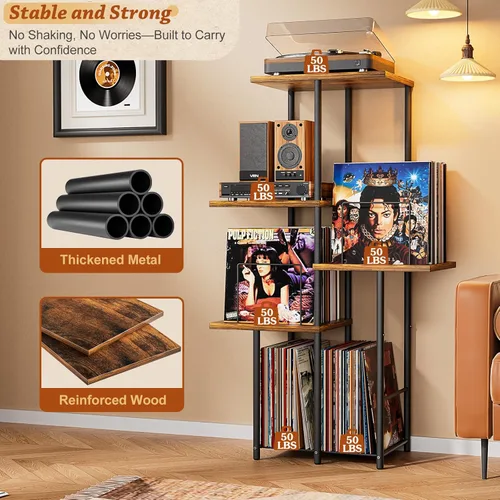 Miniatura 7 de Soporte para Tocadiscos, Soporte de Almacenamiento de Discos de Vinilo con Estante de Exhibición, Mesa de Soporte para Tocadiscos con Divisores
