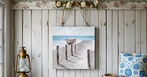 Miniatura 6 de Yihui Arts - Lienzo decorativo para pared de playa con diseño de bote azul y gris costero náutico cuadrado, pintura artística para decoración