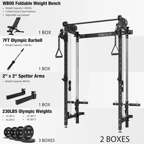 Miniatura 2 de Mikolo Folding Squat Rack, Wall Mounted Power Rack with Cable Crossover Machine & LAT Pull Down, Functional Trainer with 5 Adjustable Function