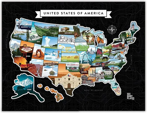 Mapa de Estados Unidos para Raspar "See Many Places", Póster Enmarcable de 28x22" Mapa de Viaje de EE.UU. con Imágenes de Estados Personalizadas y