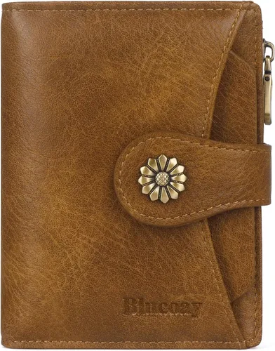 Billetera para mujer, con bloqueo RFID, de piel de microfibra, compacta, plegable, con ventana de identificación extraíble (marrón)