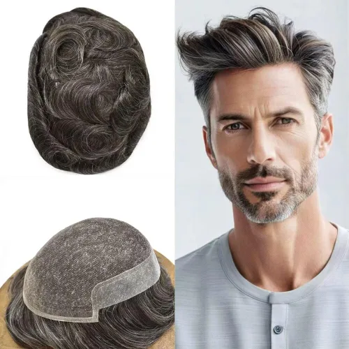 Miniatura 38 de FACE MIRACLE - Tupé frontal de encaje francés para hombres, sistema de reemplazo de cabello humano de encaje con pieza de pelo de poliuretano