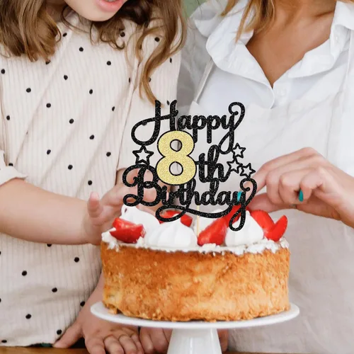 Miniatura 6 de 1 pieza de decoración de pastel de 8º cumpleaños con purpurina y saludos a 8 años, decoración de pastel de feliz cumpleaños para fiesta de 8 años