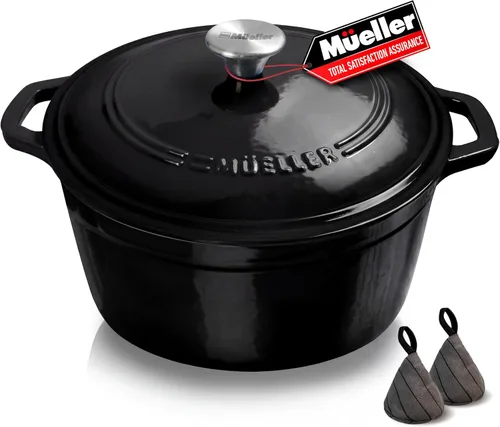 Miniatura 39 de MÜELLERHOME Horno holandés de hierro fundido esmaltado, 6 cuartos de galón, resistente, cazuela con tapa y perilla de acero inoxidable, para todas