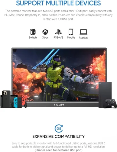 Miniatura 5 de ARZOPA Monitor portátil de 15.6 pulgadas FHD 1080P – Monitor portátil ultradelgado para laptop con soporte – Pantalla IPS para PC, MAC, teléfono