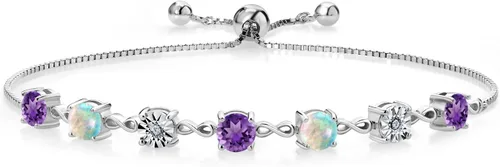 Gem Stone King Pulsera de tenis de plata de ley 925 con ópalo blanco de amatista púrpura redonda de 2.44 quilates cultivados en laboratorio para