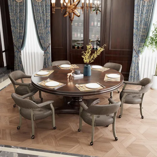 Miniatura 6 de Modernas sillas de escritorio de comedor y oficina de madera maciza marrón retro con ruedas, brazos y asiento tapizado, 31.5 pies de alto Pierna