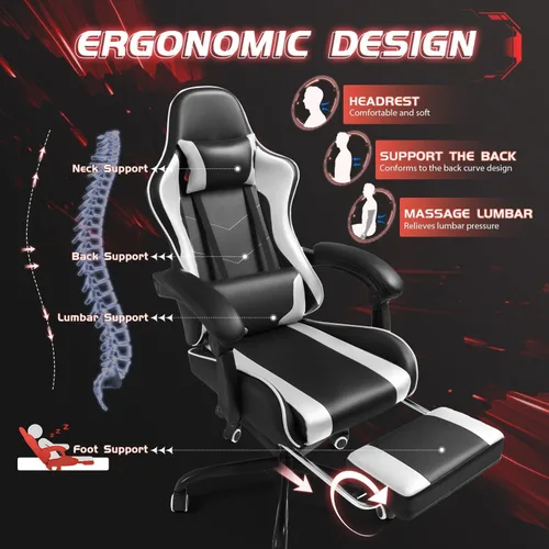 Miniatura 6 de Shahoo Silla de juegos con reposapiés y soporte lumbar de masaje, sillas ergonómicas para computadora giratorias de 360° y asiento ajustable